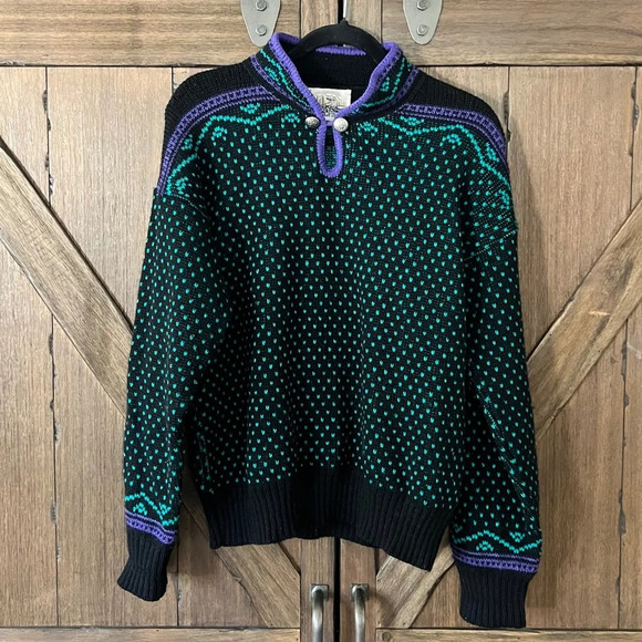Alps Vintage 1990s Nordic Style Button Knit Funky Print Sweater Size Large - Picture 2 of 6